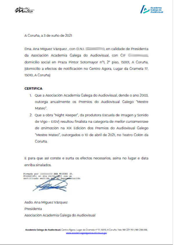 Diploma de la Academia Galega por Night Keeper