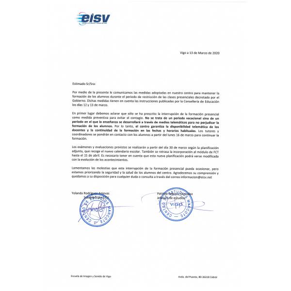 Imagen Notificación Oficial de la EISV en relación al coronavirus, COVID19